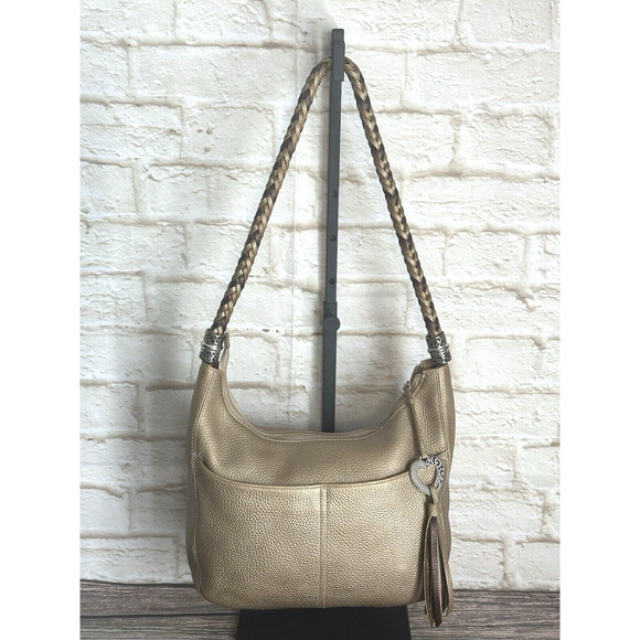 Brighton "Barbados" Gold Pebbled Leather Hobo Shoulder Bag with Braided Strap. - Picture 1 of 16